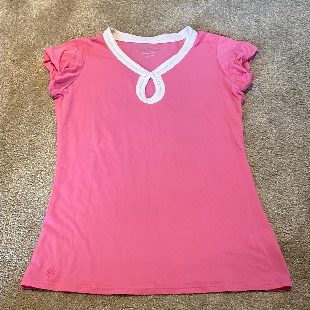 Lilly Pulitzer Pima Cotton Cap Sleeve Keyhole Front Pink White Tee T-Shirt Sz XS
